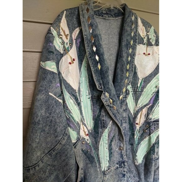 VTG Womens Size XL Rhinestone Beaded Heavy Denim Jacket Shoulder Pads QTR Sleeve - Picture 2 of 4